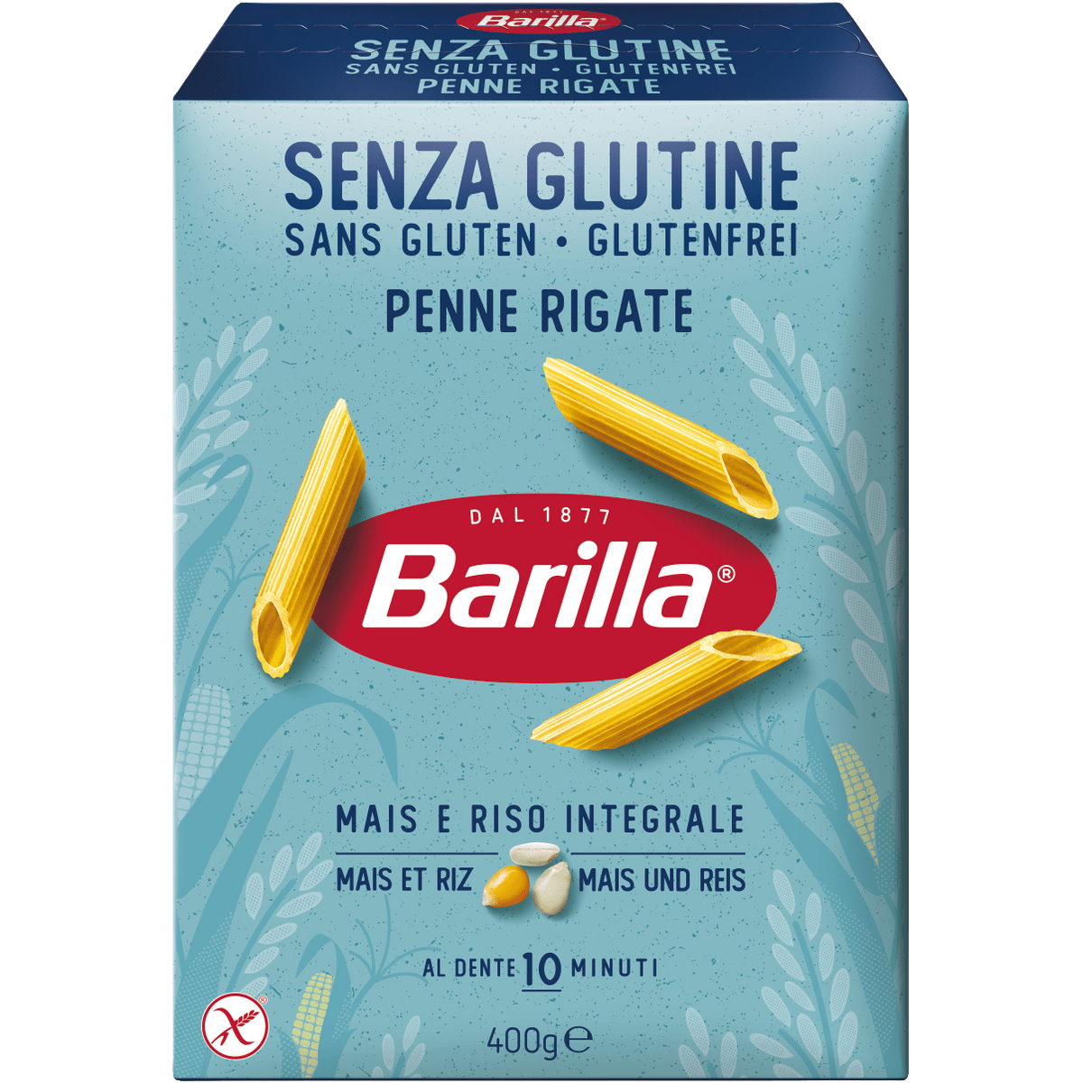 A close-up of gluten-free Barilla Penne pasta in a clear glass bowl, showcasing the golden pasta tubes ready for cooking.