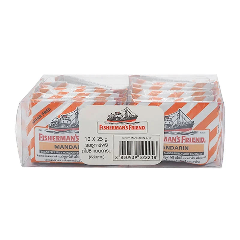 Fisherman's Friend Sugar-Free Spicy Mandarin Lozenges in a clear package, featuring orange and spice flavor branding.