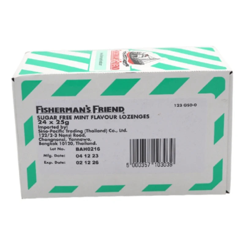 Fisherman's Friend Sugar Free Mint candies in a pack of 24, dry grocery snack with refreshing mint flavor