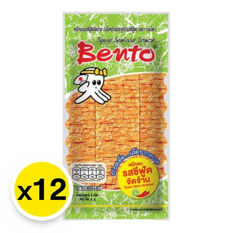 Bento Squid Seafood Snack Super Spicy 4g, dried seafood snack with spicy flavor, showcasing the crispy squid pieces in a colorful package.