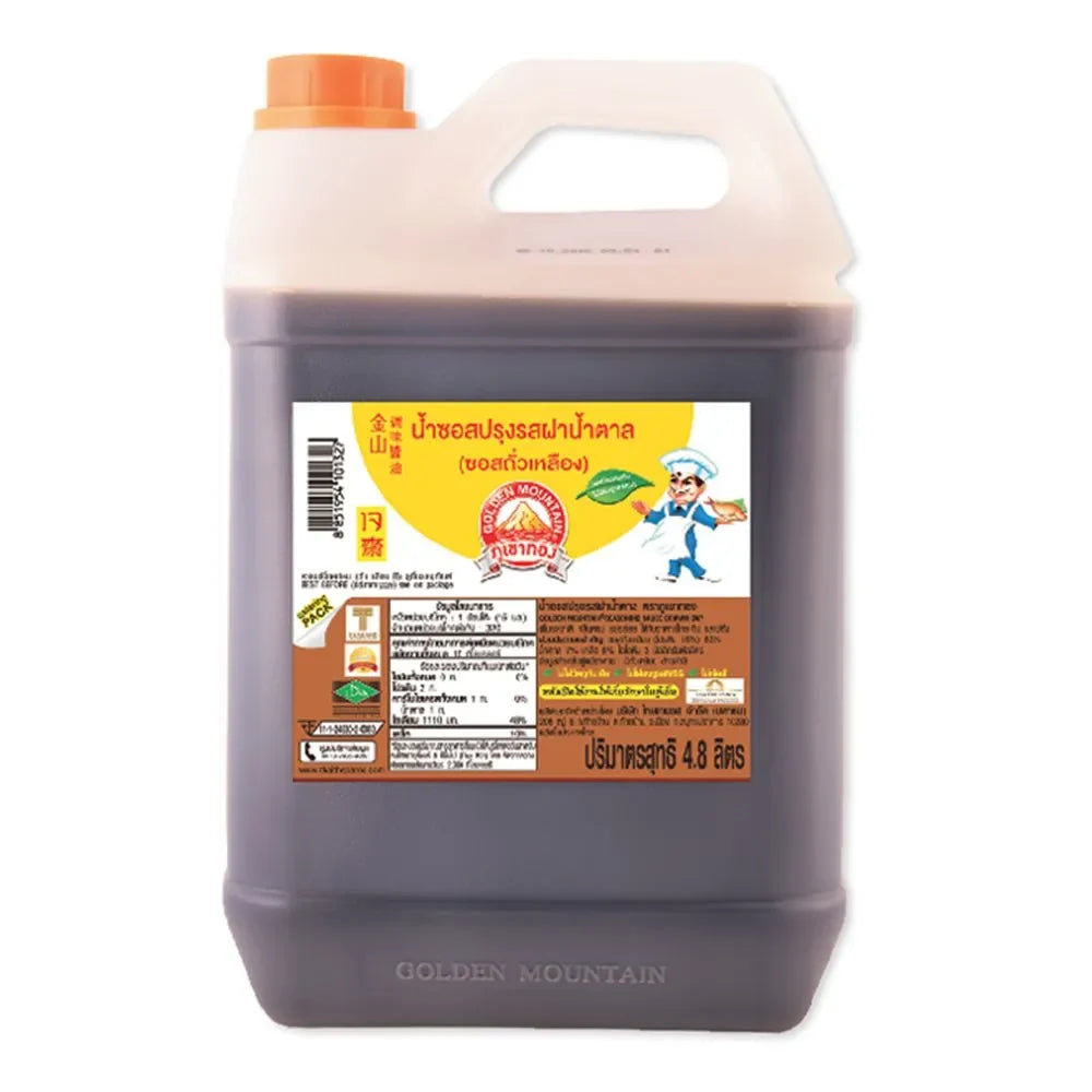 Golden Mountain Sauce Brown 4.8L bottle, dry grocery product with a golden label and brown sauce inside, used for cooking and seasoning.