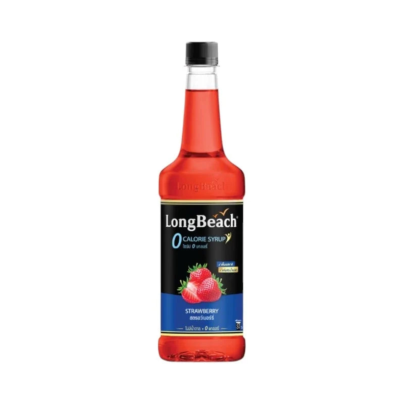 LongBeach Zero Calories Strawberry Syrup bottle from dry grocery section, with bright strawberry flavor and zero-calorie formula.