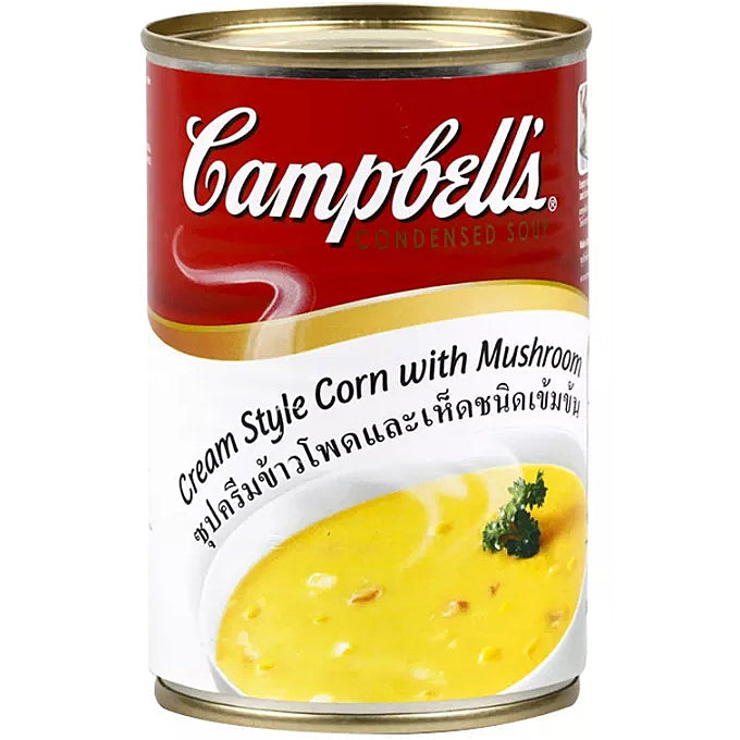 Canned Campbell's Cream Style Corn with Mushrooms in a bowl, showcasing the creamy corn and mushroom ingredients.