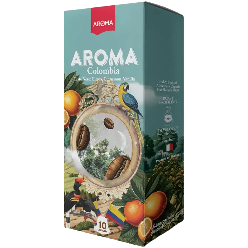 Aroma Colombia coffee capsule for drink, showing the packaging with the Aroma brand logo and product label.