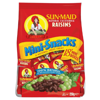Sunmaid Raisins Mini Snacks, natural dried fruit confectionery snacks in a clear package, showcasing the raisins.