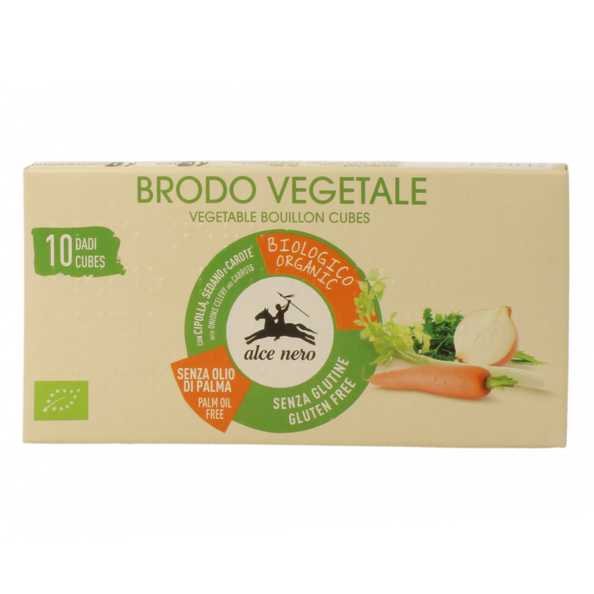 Alce Nero vegetable bouillon cubes in a package, natural grocery product for enhancing flavor in cooking.