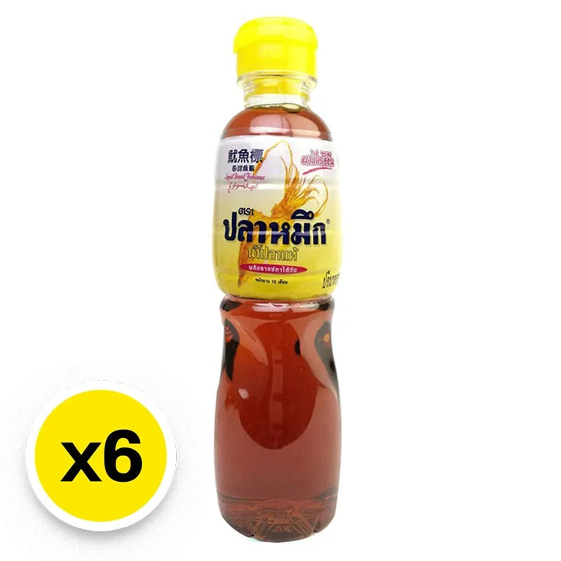 Squid Brand Fish Sauce Yellow 280ml bottle, displayed with six bottles in a dry grocery setting.