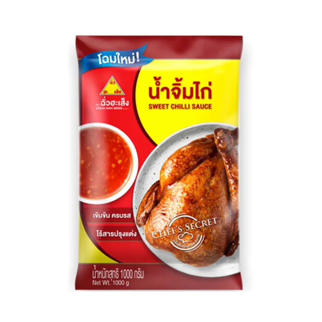 Chua HAH Seng Sweet Chilli Sauce bottle, dry grocery product with red chili and sweet sauce visible on label