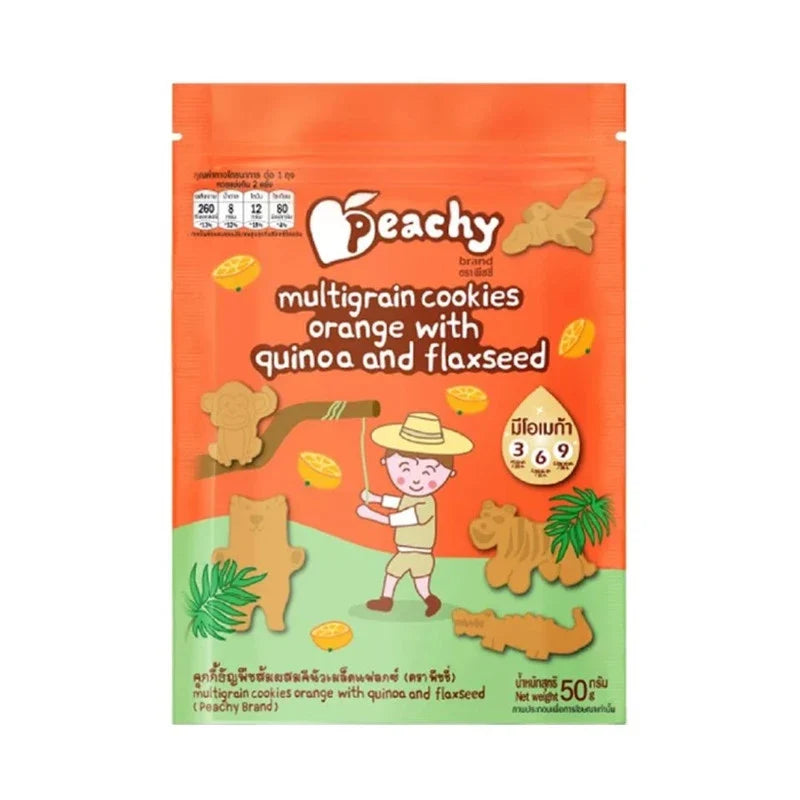 Peachy brand peachy orange cereal cookies mixed with quinoa and flaxseed, dry grocery snack in a package.