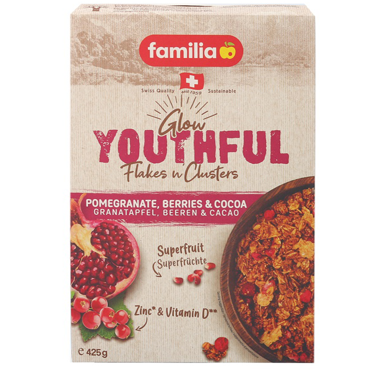 Familia Flakes N'Clusters Pomegranate cereal in a bowl, showing crunchy flakes and pomegranate pieces, packaged in a colorful box.