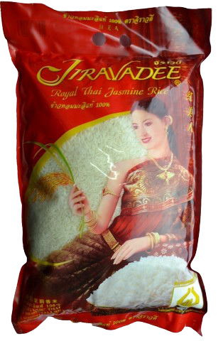 Jiravadee Thai Jasmine Rice package, long-grain rice with fragrant aroma, in a grocery product image.