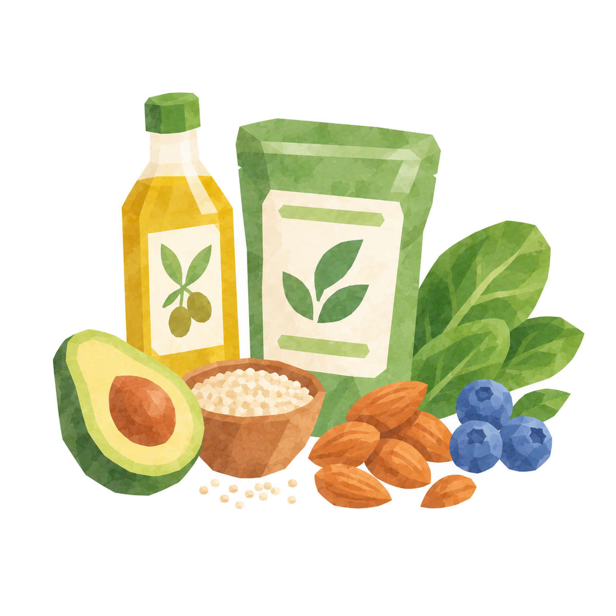Watercolor illustration of healthy foods: olive oil, a green health food pack, avocado, oats, almonds, blueberries and spinach