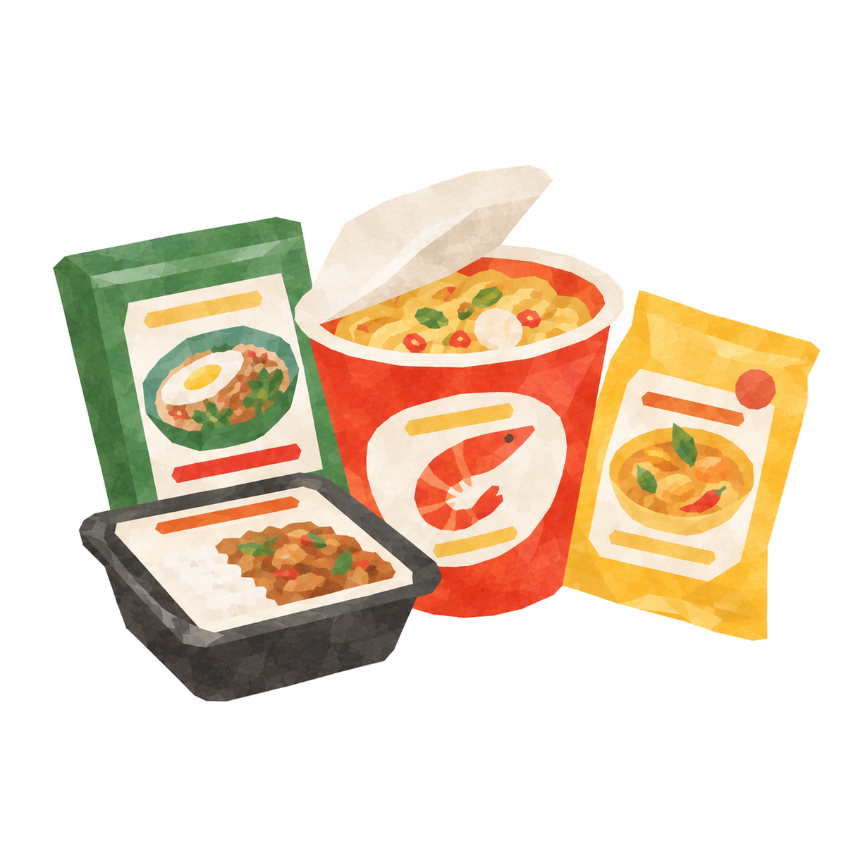 Watercolor illustration of instant meals: an instant noodle cup, a ready meal tray and instant noodle packets
