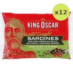 King Oscar Brisling Sardines Extra Virgin Olive Oil Spicy Craked Pepper 106g – 12 Packs