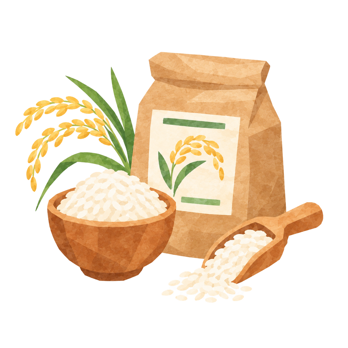 Watercolor illustration of a bag of Thai rice with rice stalks, a bowl of cooked rice and a wooden scoop of rice grains