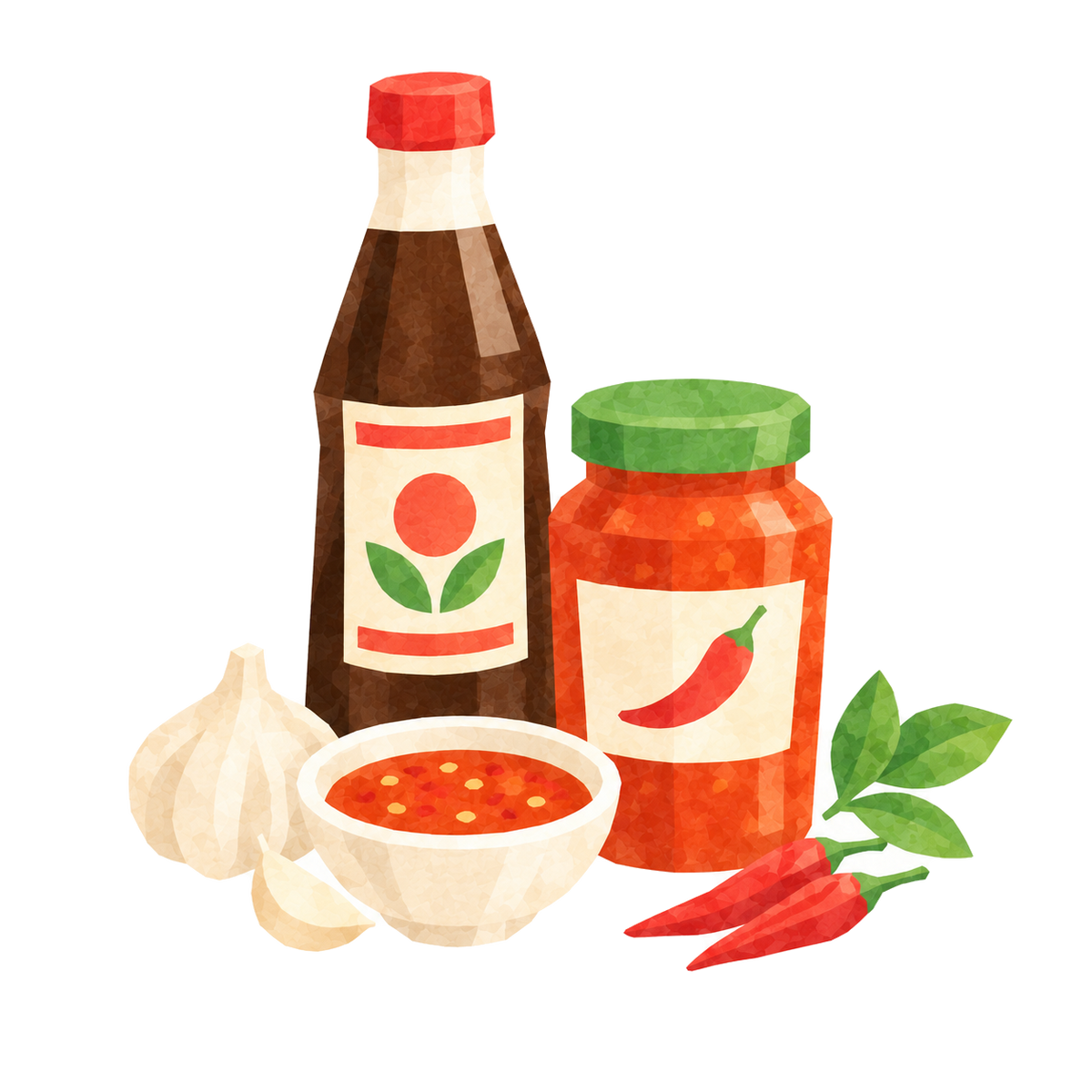 Watercolor illustration of Thai sauces and seasonings: a sauce bottle, a chili sauce jar, a bowl of dipping sauce, garlic and red chilies