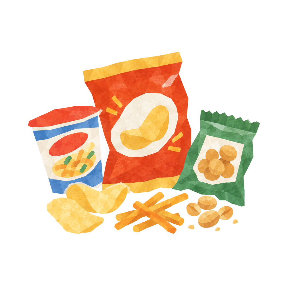 Watercolor illustration of Asian snacks: bags of chips, potato crisps, pretzel sticks and roasted nuts