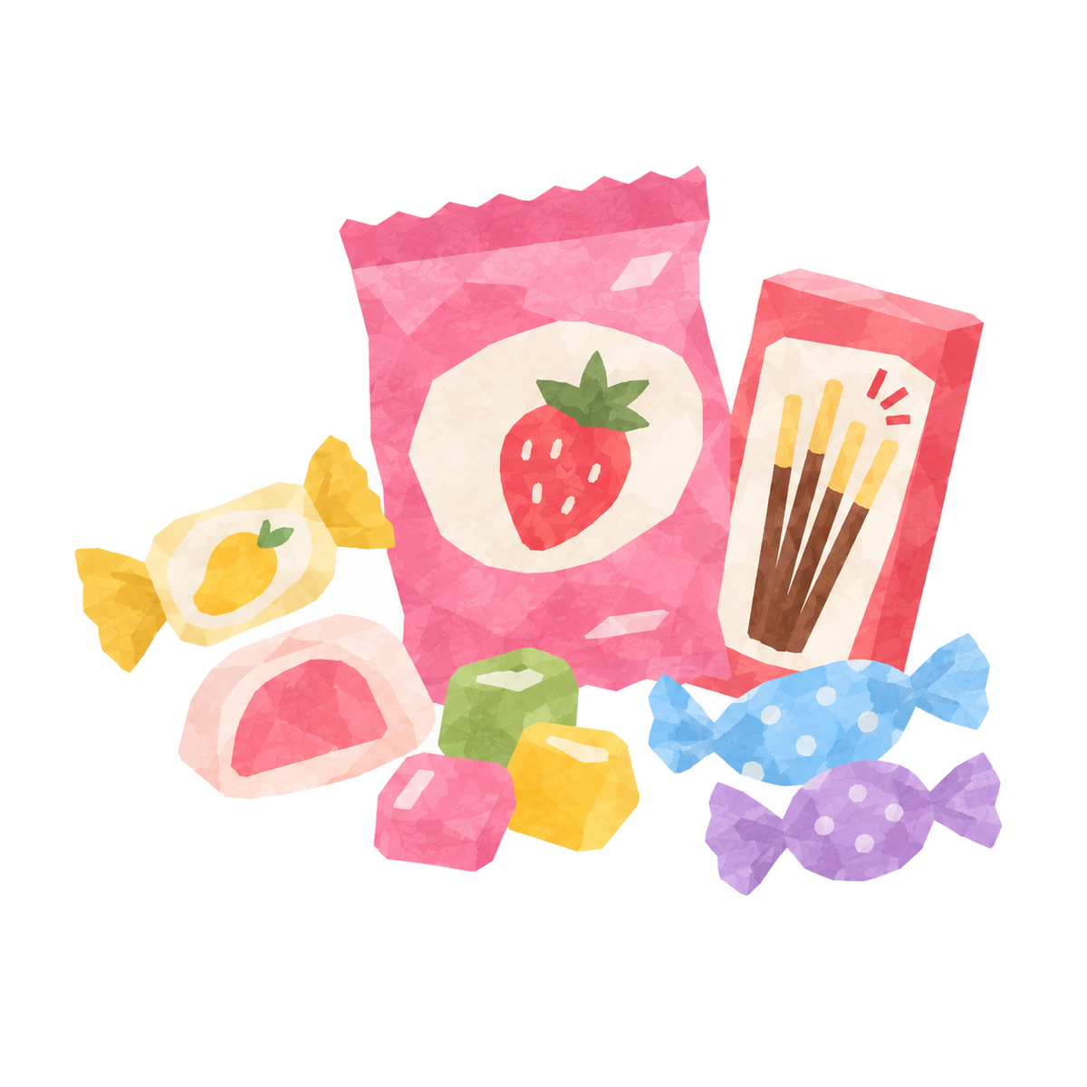 Watercolor illustration of Asian sweets and candy: a strawberry candy bag, chocolate biscuit sticks, mochi, jelly cubes and wrapped candies